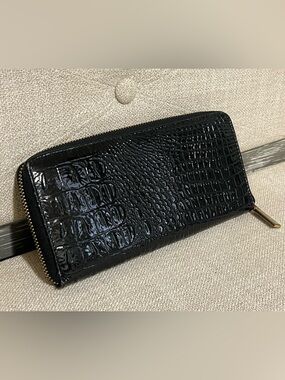 Anne Klein Black Croc-Embossed Patent Zip Pouch with Gold Hardware